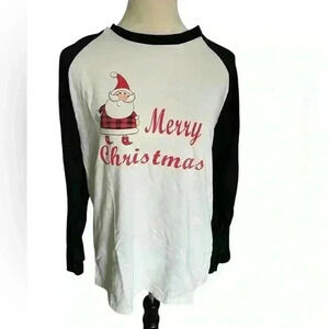 Buywell Merry Christmas Long Sleeve Tee Women’s Large Santa Black and White